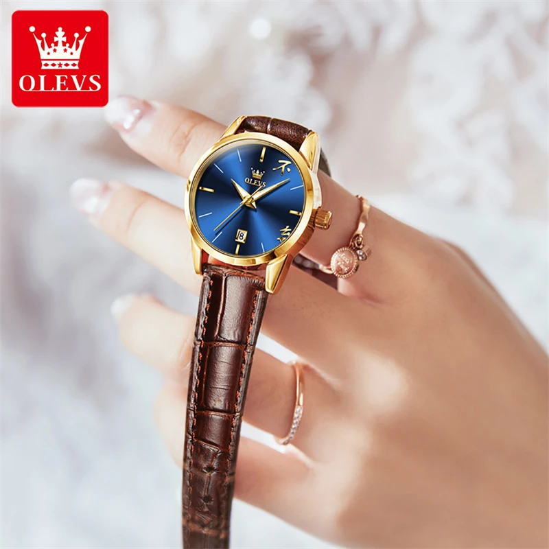OLEVS Brand New Fashion Blue Quartz Watch for Men Luxury Leather Strap Waterproof Calendar Womens Watches Relogio Feminino