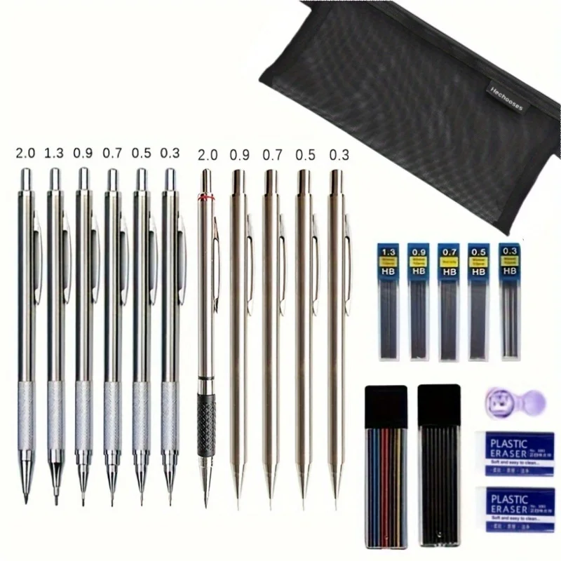 mechanical pencil set mechanical pencils 0.3 0.5 0.7 0.9 2.0mm Metal Mechanical Pencil Set with Pencil Case Art Sketch Automatic Writing Stationery Supplies Gifts