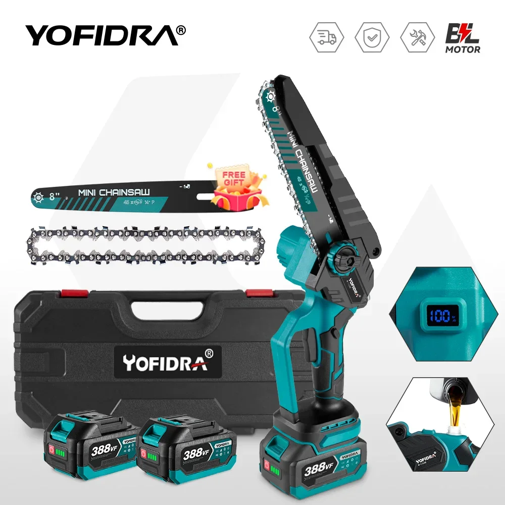 

Yofidra 8 Inch Brushless Electric Chainsaw Cordless Rechargeable Woodworking Garden Pruning Saw Tool for Makita 18V Battery