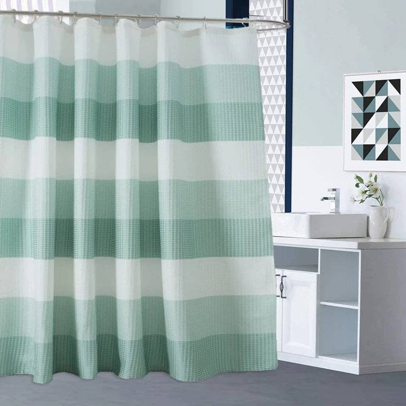 

Inyahome Waffle Wave Ombre Stripe Shower Curtain with Hooks Hotel Luxury Spa Bathtub Bathroom Shower Liner Curtains Green White