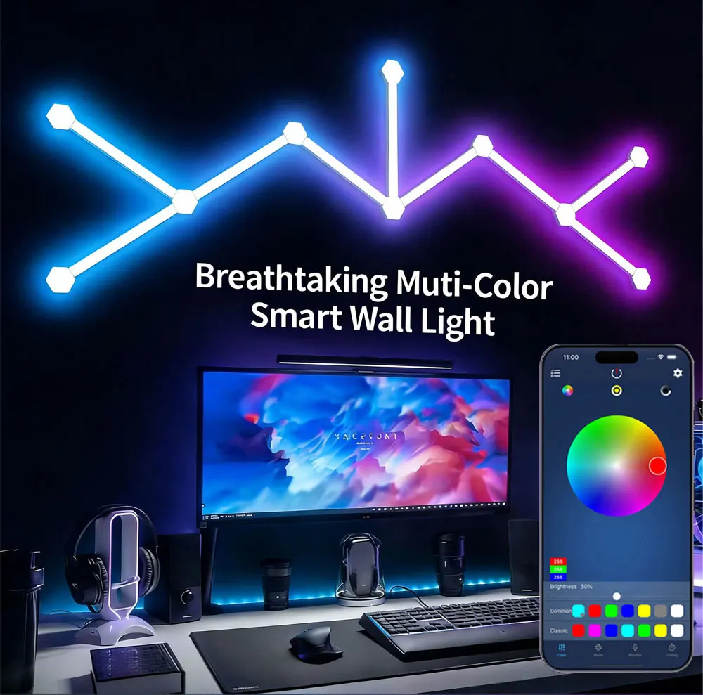 Smart RGB Hexagon LED Wall Panels – Color Changing Ambient Night Light, DIY Modular Design, App & Music Sync for Bedroom and Game Room