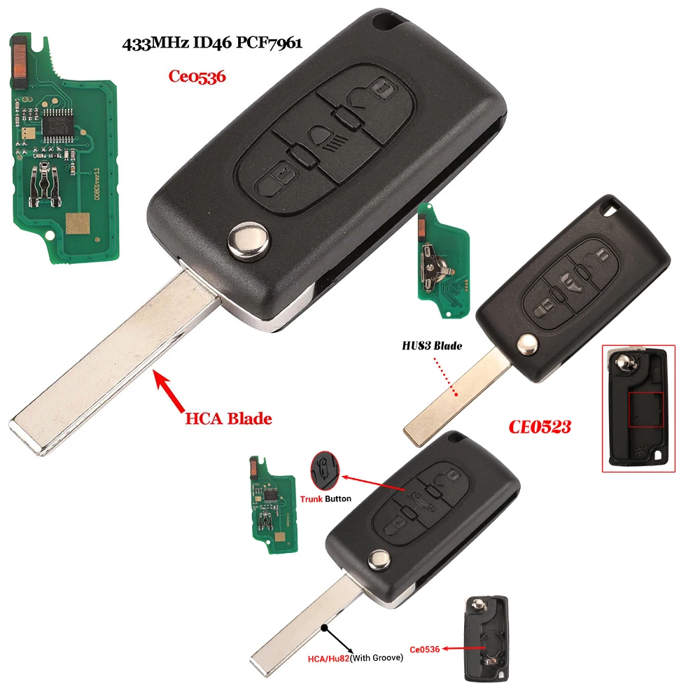 Jingyuqin Ce0523 Ce0536 FRAGEN/FSK 433 Mhz ID46 Für Peugeot 407 307 308 607 Für Citroen C2 C3 C4 c5 C6 C8 Auto Schlüssel VA2/HU83 Klinge