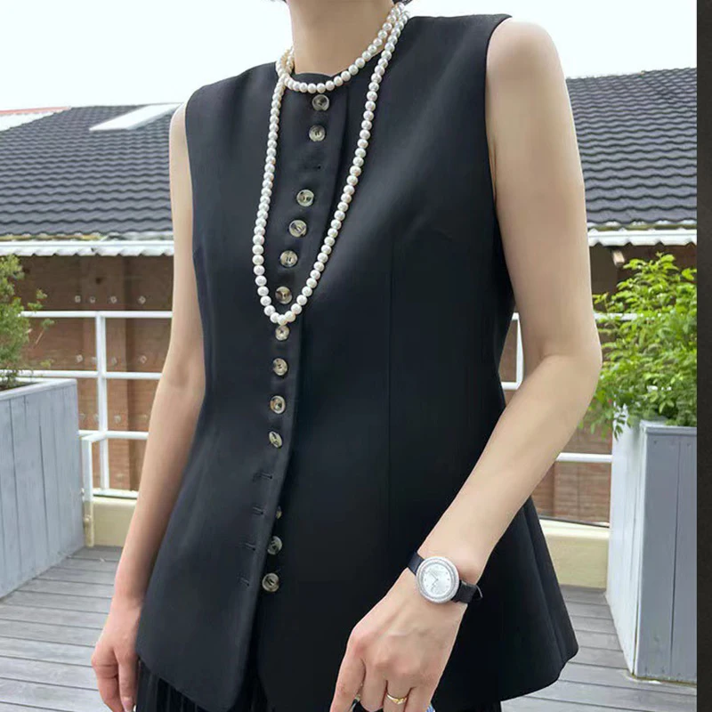 

23FW New Wool Blend Tight Vest Fashion Runway Single Breasted Round Neck Sleeveless Tops Vintage Women High End Clothing 2 Color