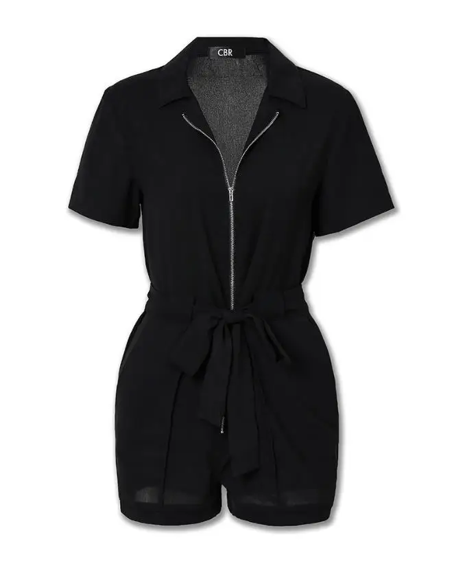 Women's Playsuit 2024 Summer Fashion Zipper Design Turn-Down Collar Short Sleeve Tie Details High Waist Pocket Romper Street