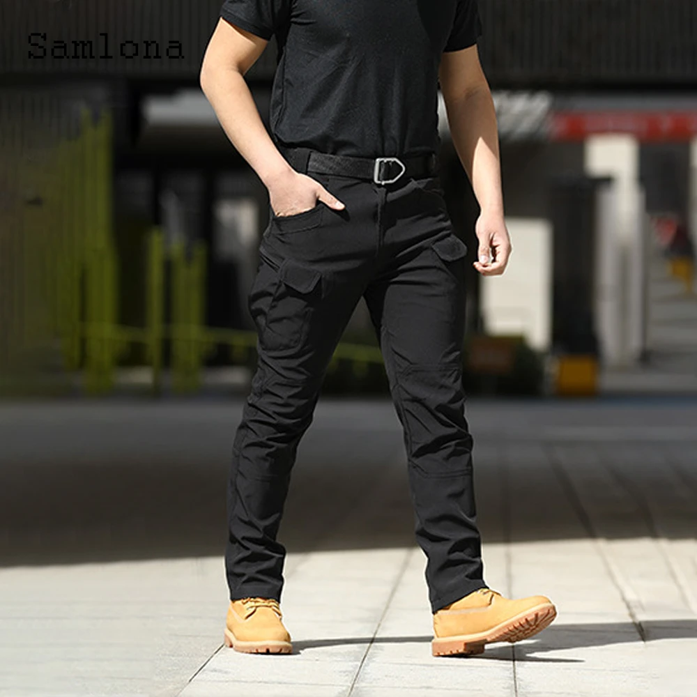 Samlona Plus Size Mens Cargo Pants 2022 European Style All-Match Skinny Pants Male Zipper Pockets Trouser Outdoor Casual Pant mens cargo trousers