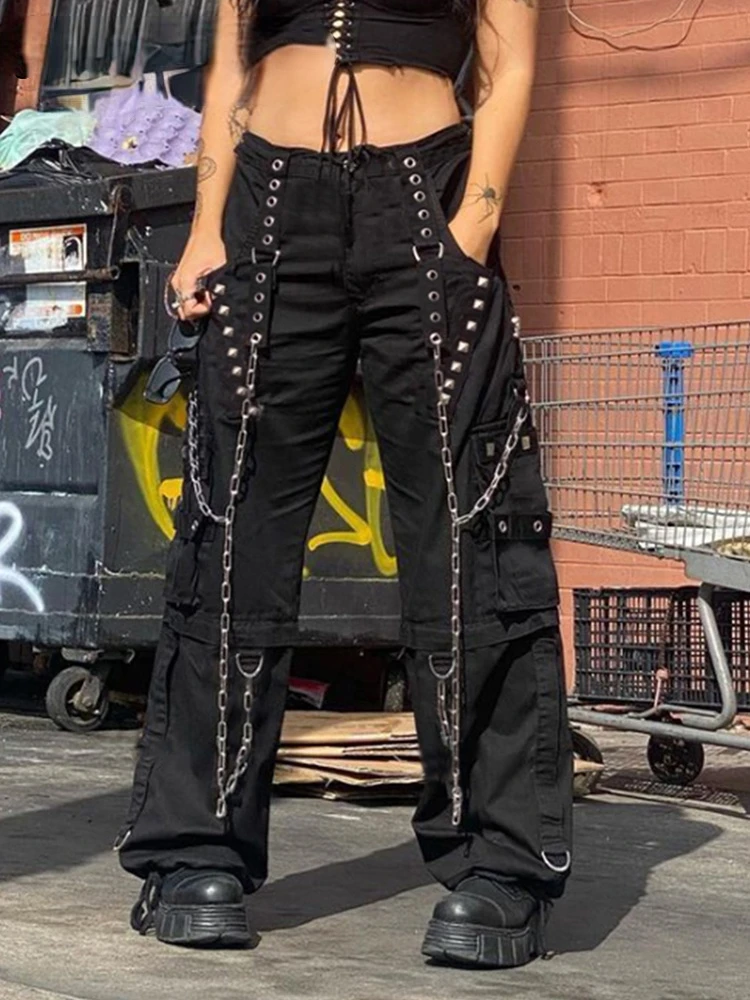 CyberPunk Y2K Bandage Cargo Pants Chain 