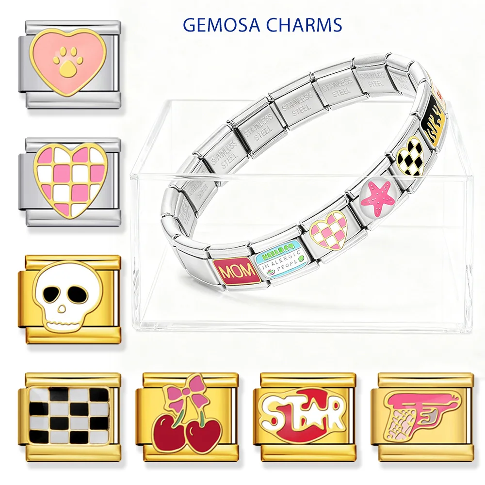 GEMOSA 9mm Gold Farbe Charm Link Edelstahl Klassische Schädel Spielzeug Pistole Seestern Zauberwürfel Schmuck Machen DIY italienische Armband