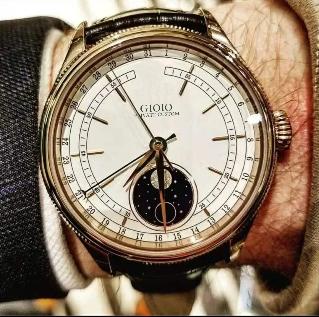 Роскошные Мужские автоматические механические часы Sapphire Cellini Moon Phase, серебристые, розовые, золотистые, из нержавеющей стали, черные, с кожаным ремешком, 39 мм