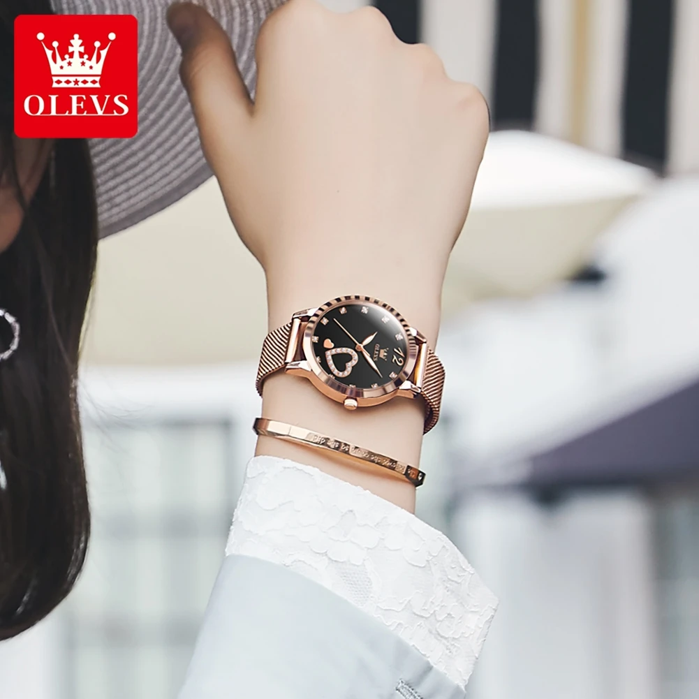 OLEVS 5189 Women's Watch Quartz Wristwatch Casual Fashion Watch for Ladies Waterproof Luminous Mesh Belt Love Dial Zircon Scale 5