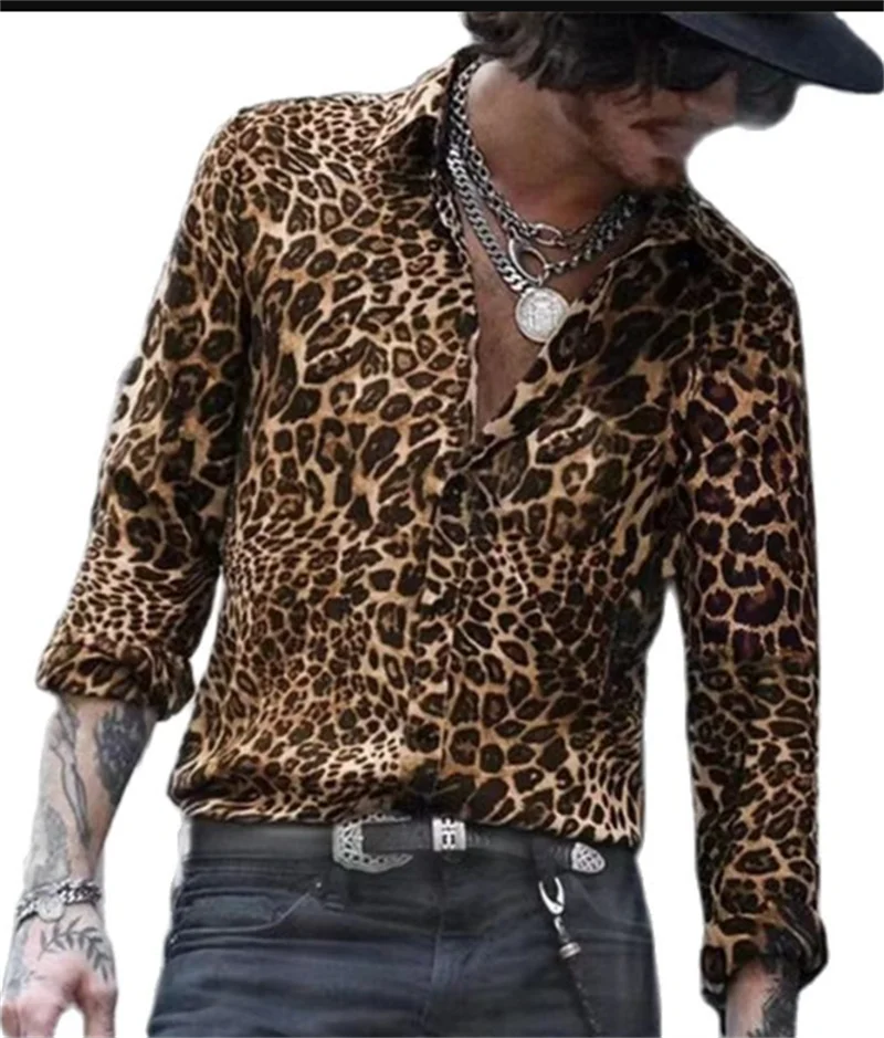 2024 Camicia a maniche lunghe sottile da uomo nuova Stampa leopardata Comodo cappotto traspirante Camicia monopetto con risvolto  200000343