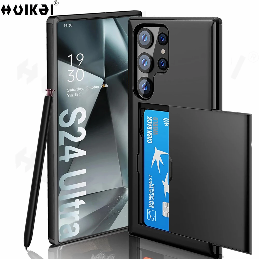 Portafoglio Porta Carte Di Credito Per Samsung Galaxy S24 Ultra S23 S22 Note 20 S23 Fe Slide Slot Slim Hard Pc Heavy Duty Cover Protettive