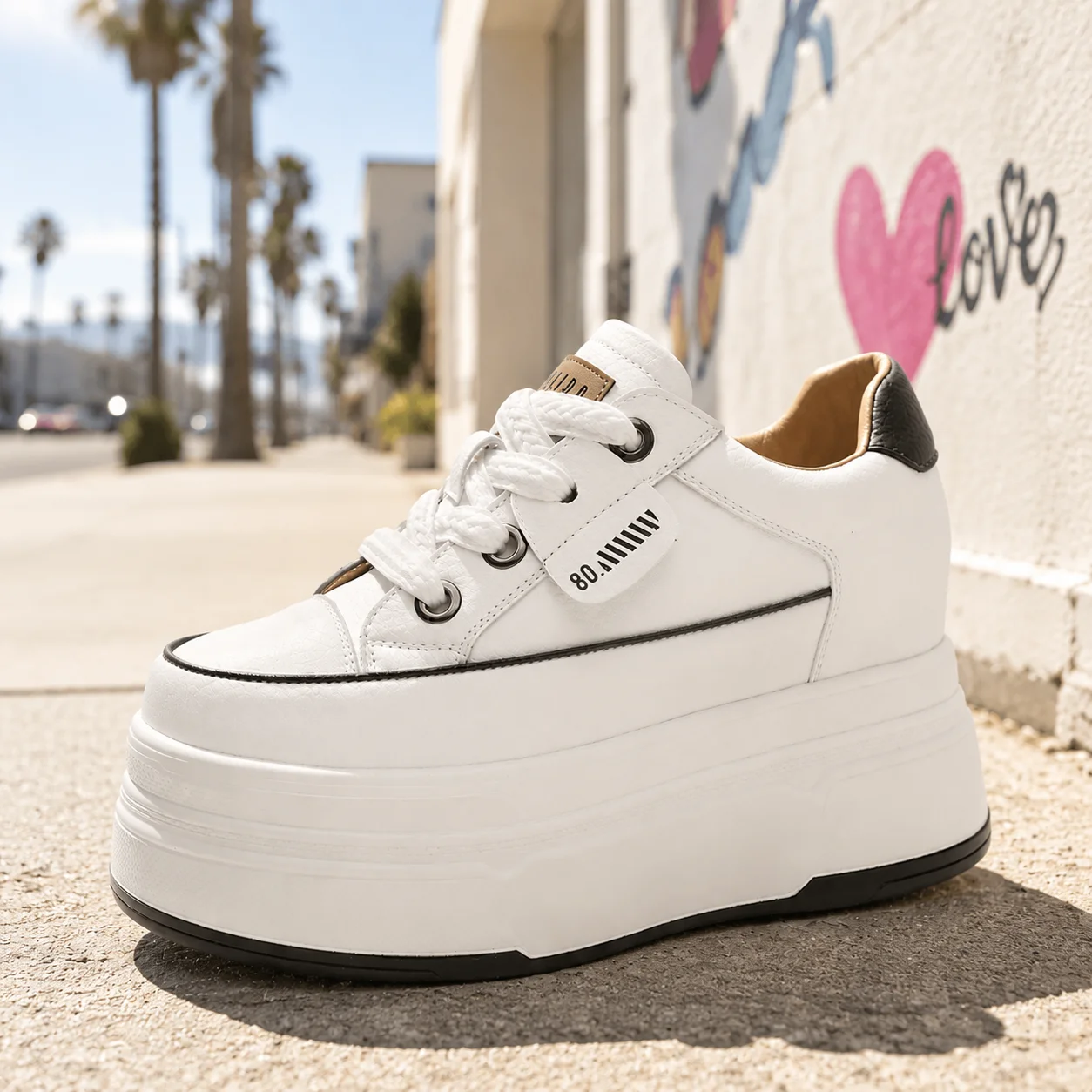 Fujin Wedge Heel Sneakers Shoes Comfy Casual Shoes 9cm Comfortable Leather White Platform Sneakers for Women Everyday Office, view 5