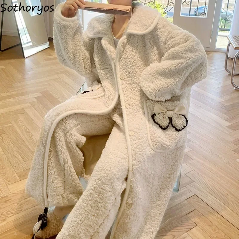 

Coral Fleece Pajama Sets Women Winter Warm Sleepwear Home Thicken Bow Patchwork Kawaii Tender Ulzzang Lounge Students Comfort