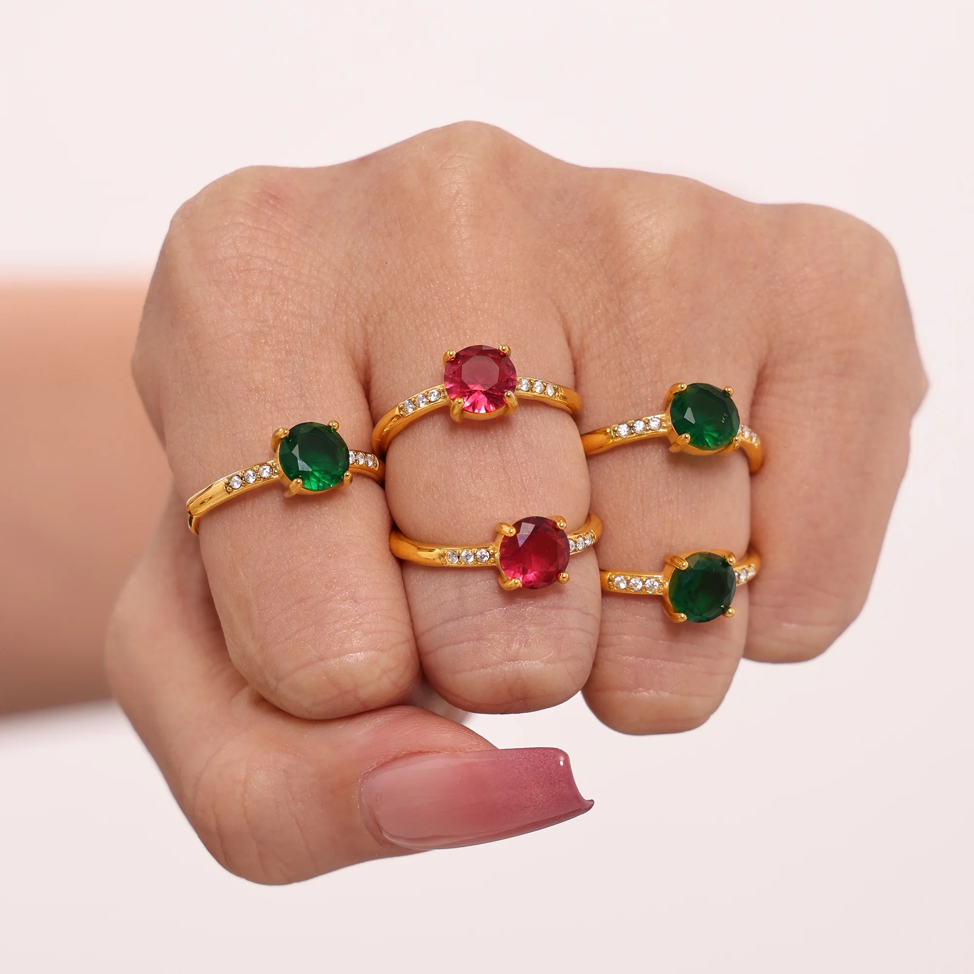 Elegant Gold Plated Zirconia Ring with Red and Green Accents - Stylish Waterproof Wedding Jewelry Gift