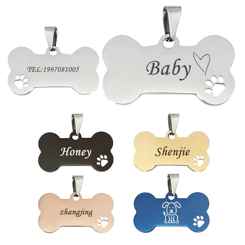 Plaque signalétique en acier brillant pour animaux de compagnie, étiquettes personnalisées pour chiens, gravure gratuite, colliers anti-perte pour chaton et chiot, accessoires pour animaux de compagnie