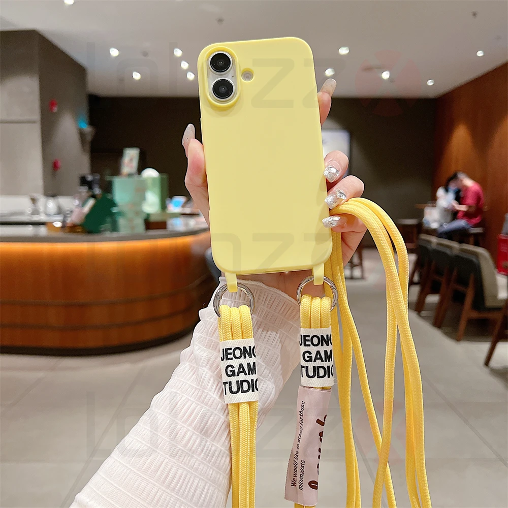 Crossbody Necklace Strap Cord Matte Soft Phone Case For iPhone 16 15 Pro Max 14 Plus 13 12 11 Liquid Silicone Shockproof Cover_voghion.com