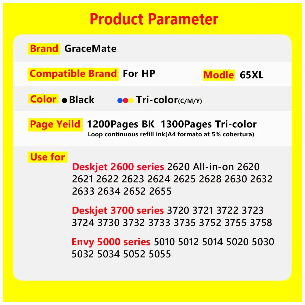 GraceMate-Substituição do cartucho de tinta para impressora HP, 65XL, HP Envy 2655, HP 2622, HP 2623, HP 2624, HP 3733, 3735, 3752, 3755, 3758