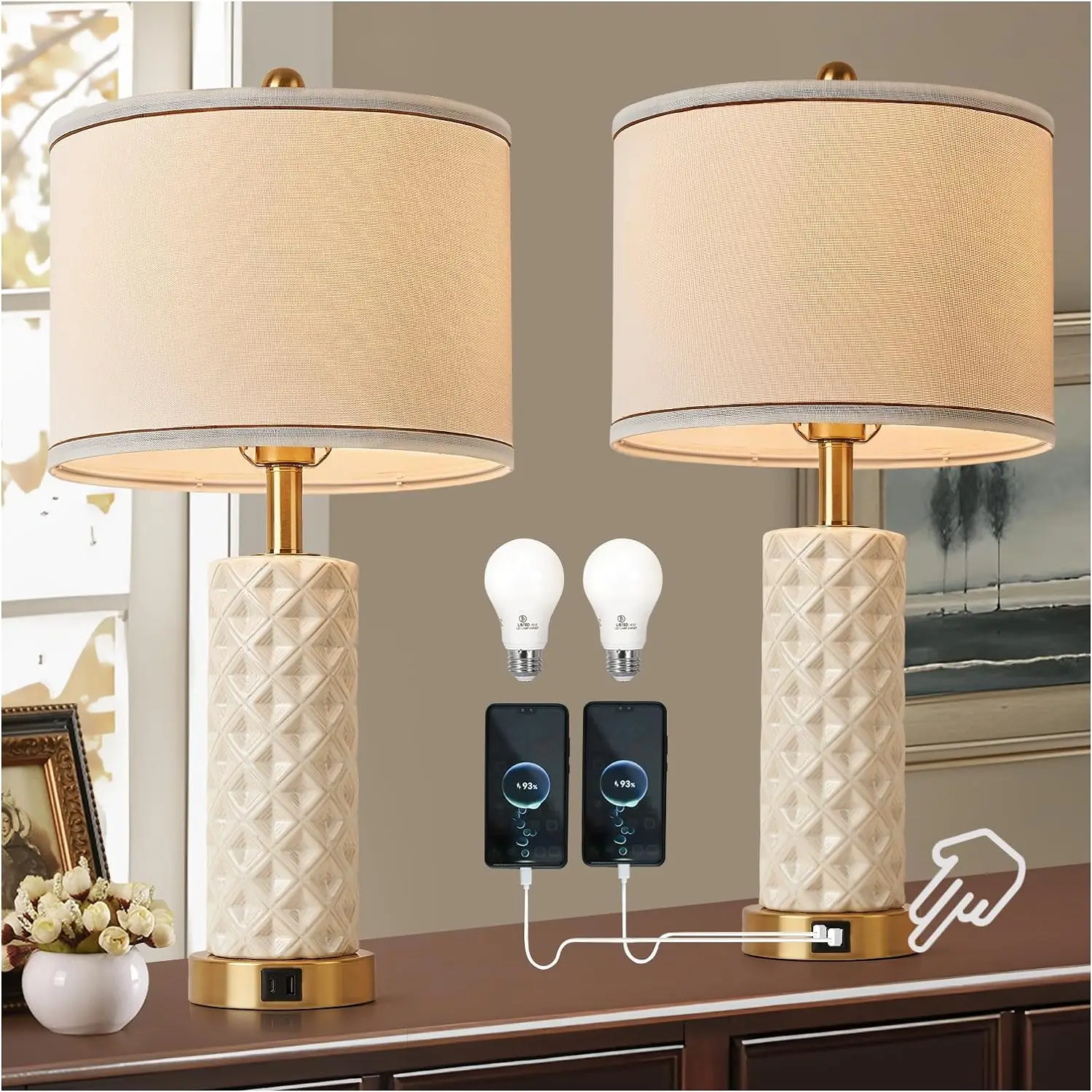 

Set of 2 Ceramic Table Lamp for Living Room Bedroom Farmhouse,Touch Control Bedroom Lamps 3-Way Dimmable Bedside Lamps with USB