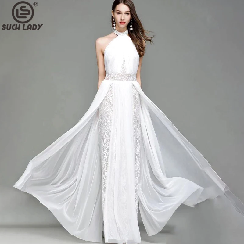 

Женское платье-Холтер с вышивкой, кружевное многослойное лоскутное сексуальное Макси-Платье с открытой спиной для выпускного вечера