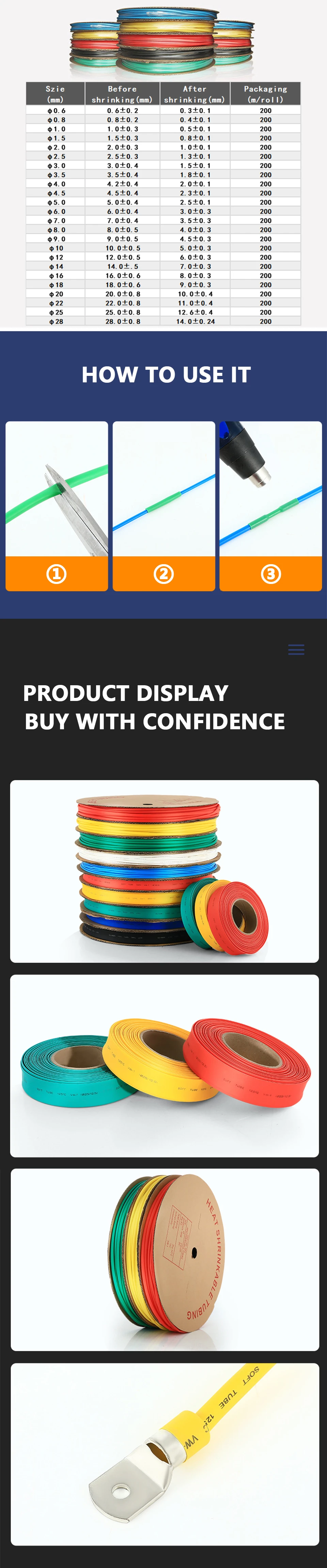 Description Picture 4 of item5M/10M Heat-shrink Tubing Heat shrink tube Wire Repair Protector Cable Connector Insulation Sleeving Black Red Termoretractil