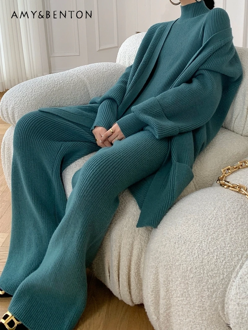 

Winter New OL Thicken Knitting Sweater + Loose Cardigan + Wide Leg Pants Three-Piece Sets Women Casual Socialist Fashion Outfits