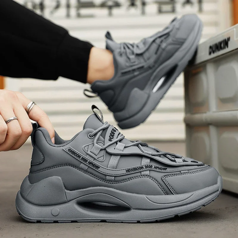 2023 Outdoor Shoes for Men PU Men's Vulcanize Shoes Solid Chunky Male Sneakers Lace Up Platform Elasticity Men's Casual Shoes