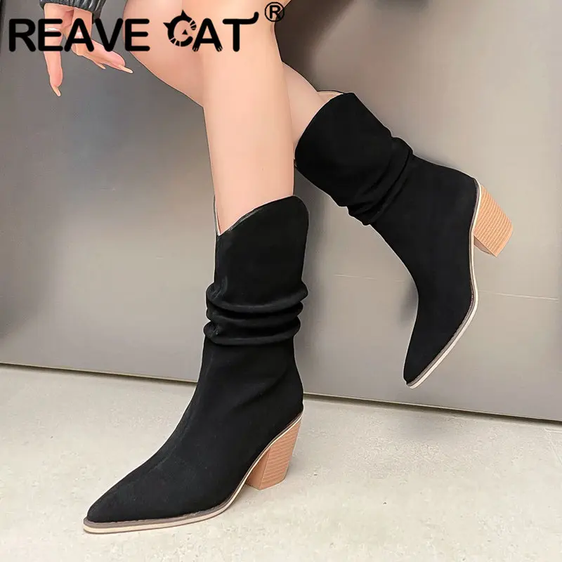 

REAVE CAT Brand Cow Leather Western Boots Pointed Toe Chunky Heels 7.5cm Slip On Female Loose Casual Booties Plus Size 41 42 43