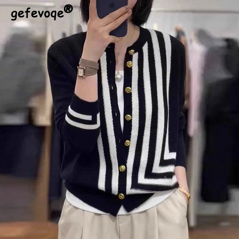 

Autumn Winter Vintage Striped Patchwork Loose Casual Cardigan Sweater Female Long Sleeve All-match Knitted Coat Women Jacket Top