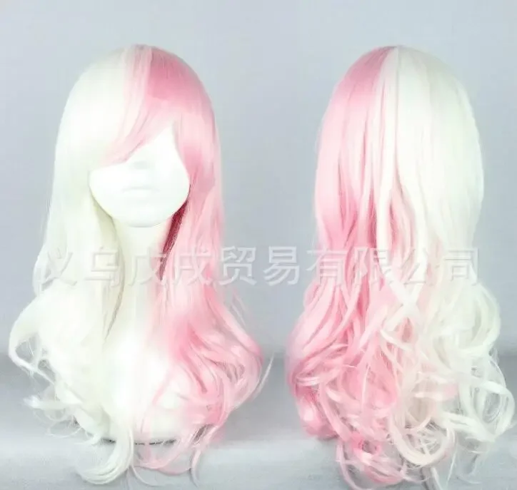 

Женский парик для косплея аниме 70, термостойкие розовые и белые полудлинные вьющиеся волосы из волокна, аксессуары для костюма аниме