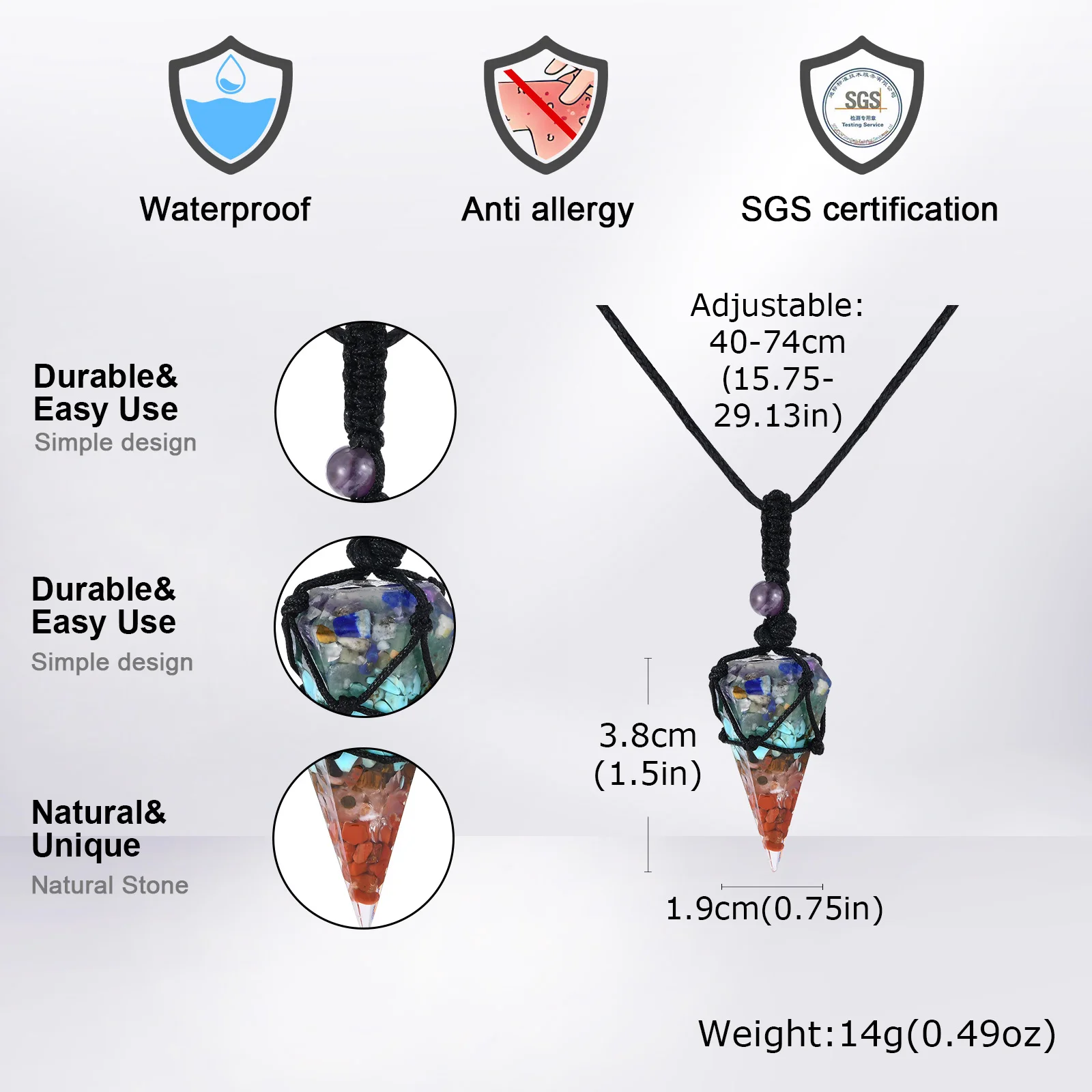 Natural Stone Pointed Necklace for Men,Adjustable Black Rope Healing Gemstone Pendant,Stylish Ethnic Cowboy Style Jewelry Gift