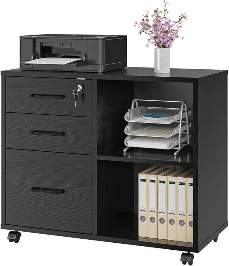 

3 Drawer Office File Cabinets, Mobile Lateral Printer Stand with Open Storage Shelf, Rolling Filing Cabinet with Wheels Home