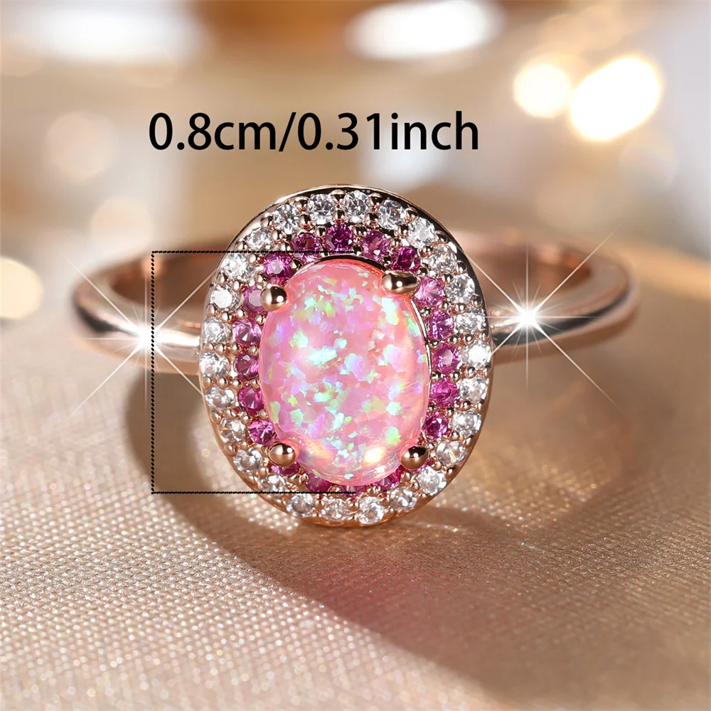 Big Oval Stone Elegant Pink Opal Rings For Women Vintage Rose Gold Color Engagement Promise Bands Wedding Jewelry Bridal Gifts