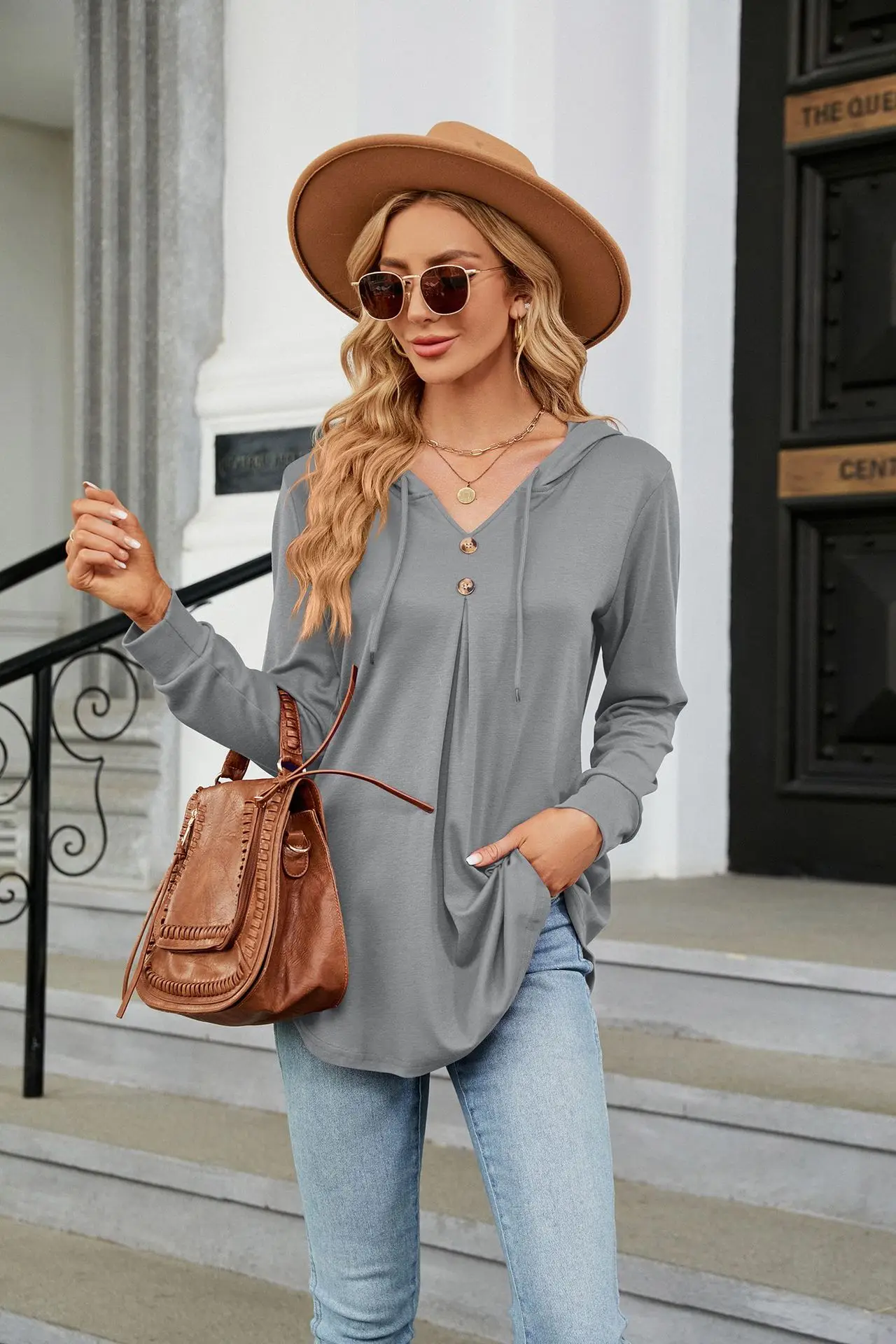 Women's Hooded Loose Long-Sleeved Pullover, Sports Hoodie, Casual Top, Monochromatic, V-Neck, Button, Trending, Autumn, Winter