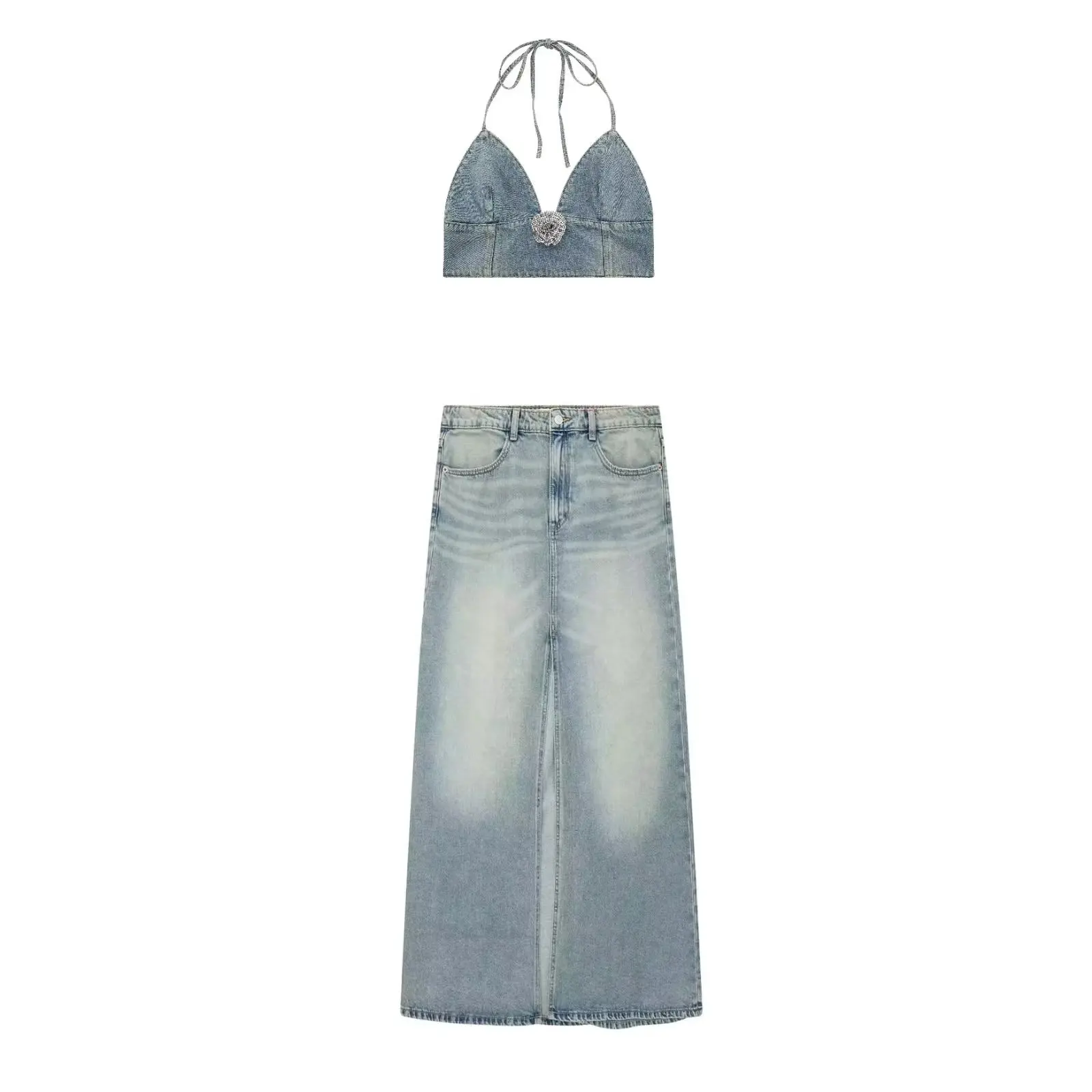

set woman 2 pieces 2023 Fashion Denim jacket Vintage Sleeveless Female Waistcoat Chic Tops+Denim skirt Women's suit