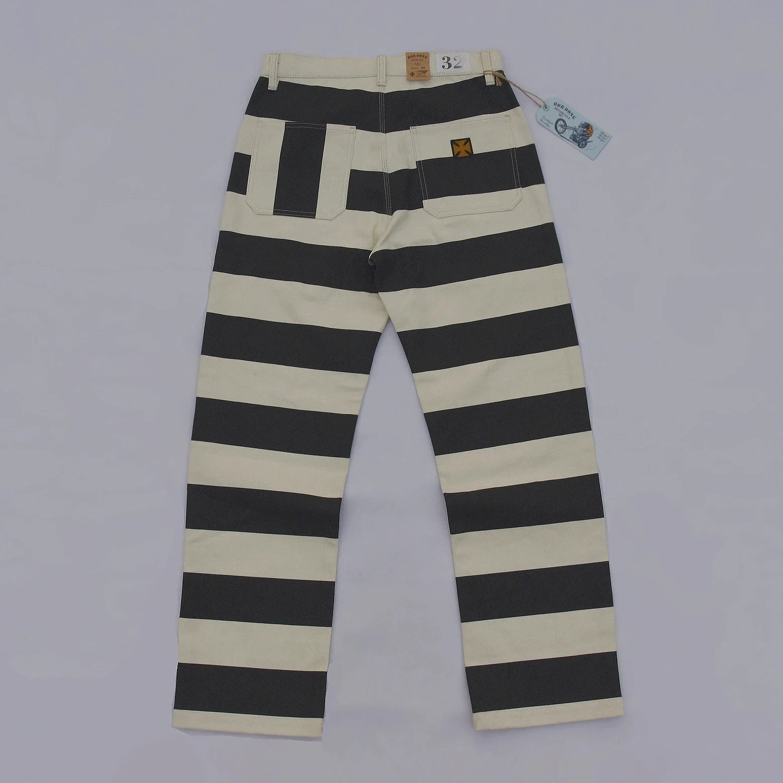 

BOB DONG Prisoner Striped Motorcycle Pants For Men Vintage 16oz Biker Trousers