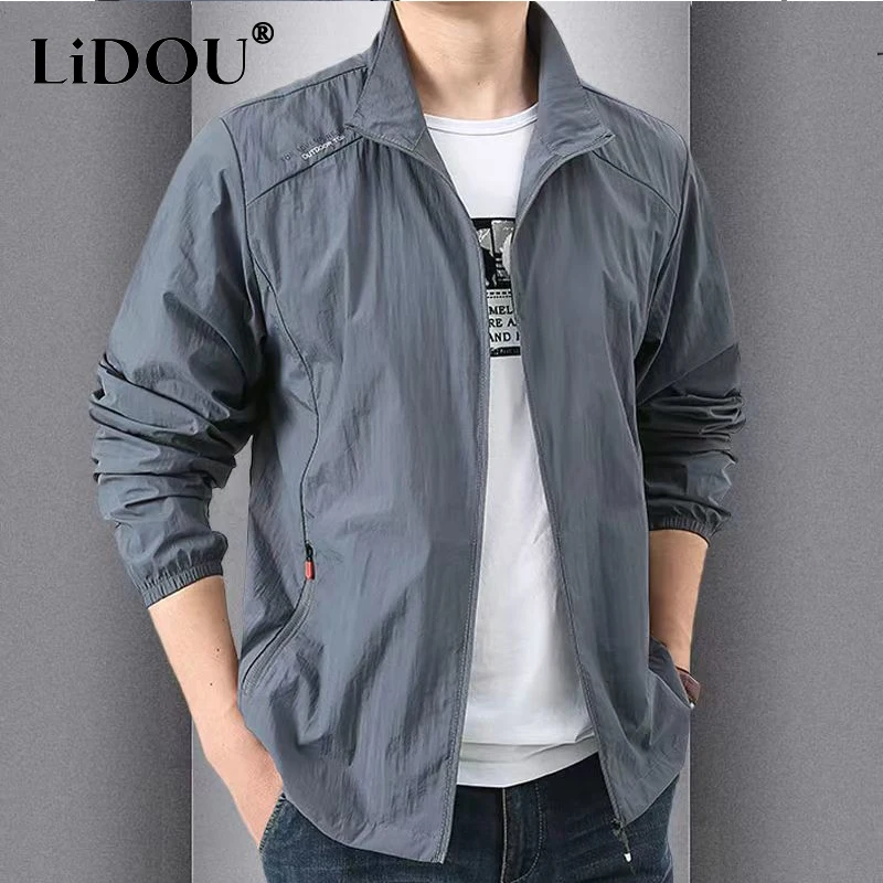 New Fashion Solid Color Quick Drying Jacket for Man Loose Casual Stand Collar Coats Pocket Zipper Outwears Sports Men's Clothing