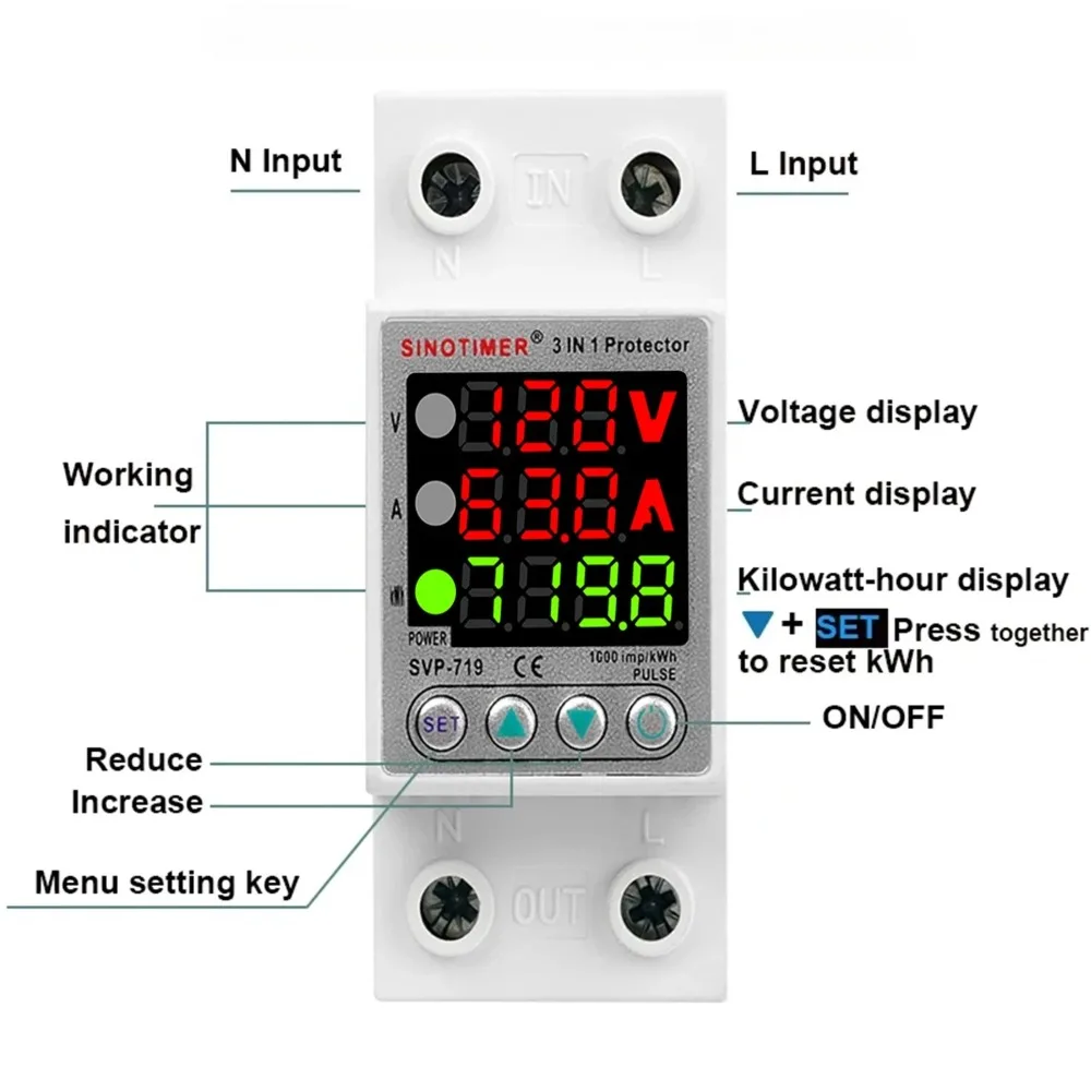 Din Rail Adjust Over Under Current and Voltage Protective Device Protector Relay 40A 63A Power Consumption kWH Meter 110V 120VAC