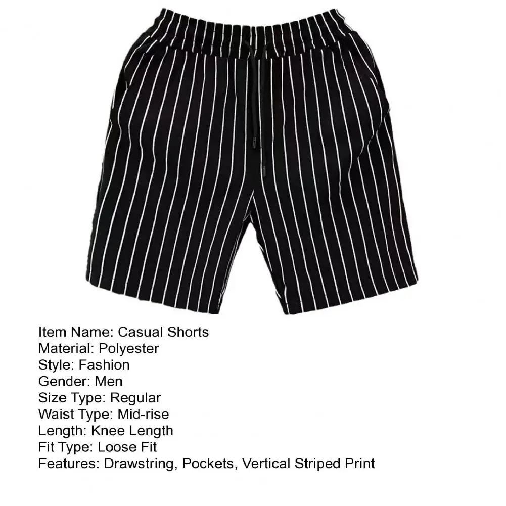 Description Picture 6 of itemMen Summer Shorts Elastic Waistband Adjustable Drawstring Striped Print Street Style Shorts Pockets Wide Leg Casual Shorts