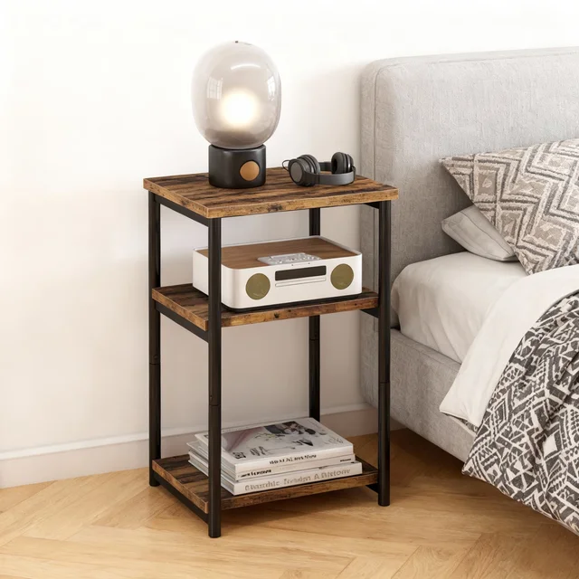 Table d'appoint étroite à 3 niveaux avec étagère de rangement, tables de chevet en bois avec cadre en métal, Table d'appoint de canapé pour chambre à coucher et salon 1