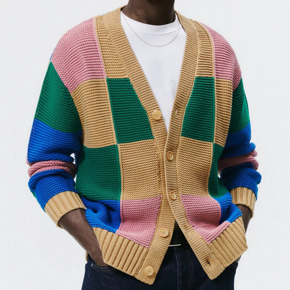 

Fashion New Knit Sweater Outerwear Man Button Up Color Block Cardigan Male Knitwears Autumn Winter Clothes Jacket Coats for Men