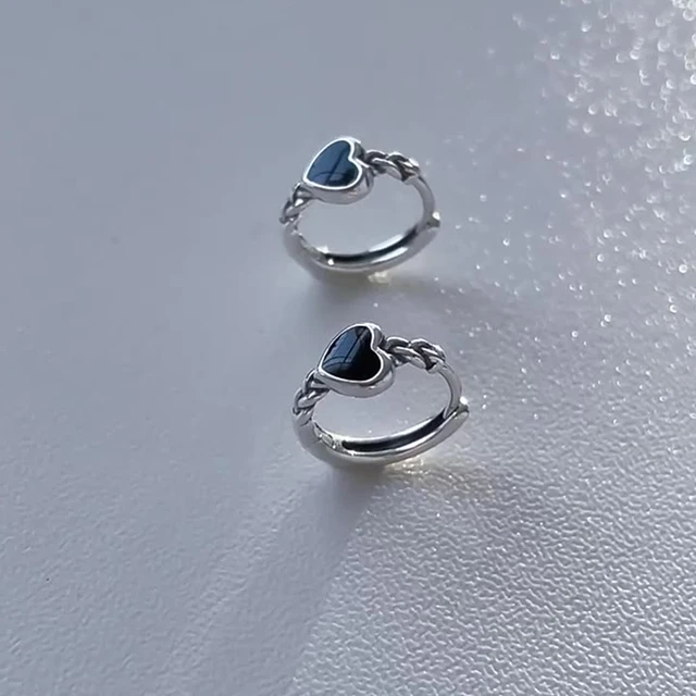 Sterling Silver Huggie Hoop Earrings With Black CZ Heart - Small Drop Hoops For Women & Teens