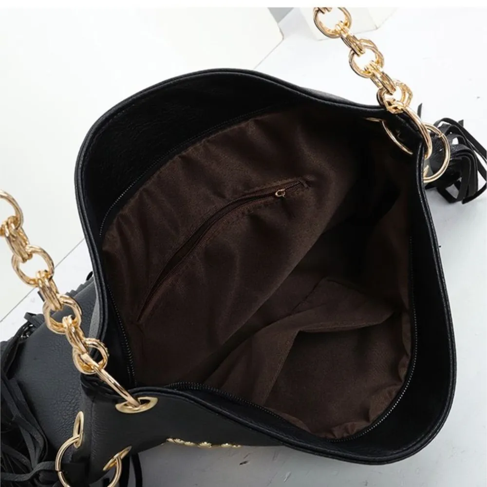 JIAERDI Vintage Beading Black Handbag Women Large Capacity Tassel Casual Shoulder Bags Female Retro Soft Leather Handbags Purse