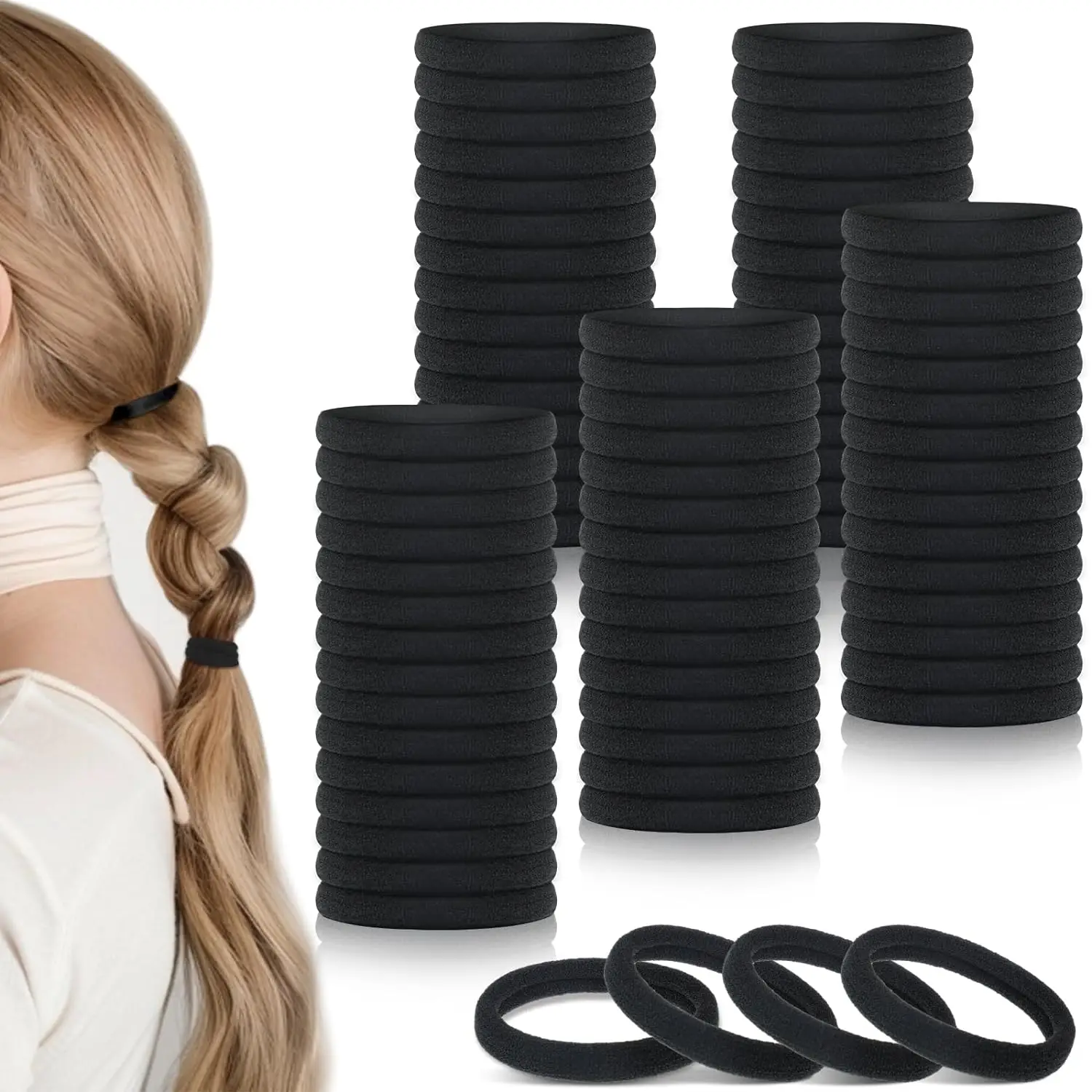 100PCS 4cm Black Hair Ties, Cotton Seamless Ponytail Holders, No Damage Elastics Hair Bands for Thick Heavy &Curly