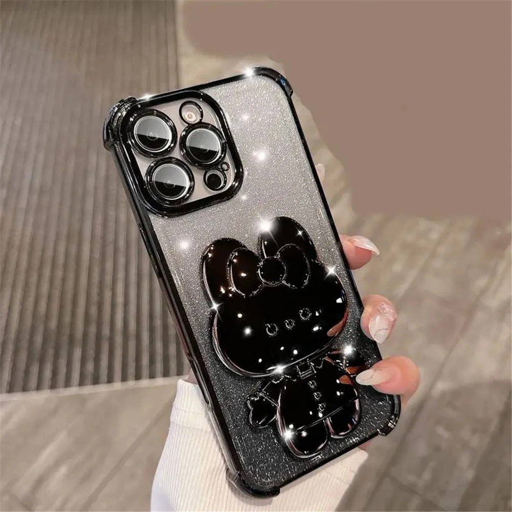 Shockproof Glitter Case with Invisible Makeup Mirror and Rabbit Stand Cover