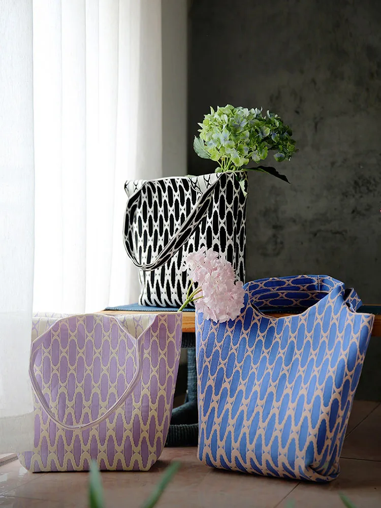 Stereoscopicshuttle Design Pattern Knitted Tote Bag Bucket Double-Sided Bag Large Capacity Casual Geometry Handmade Bag