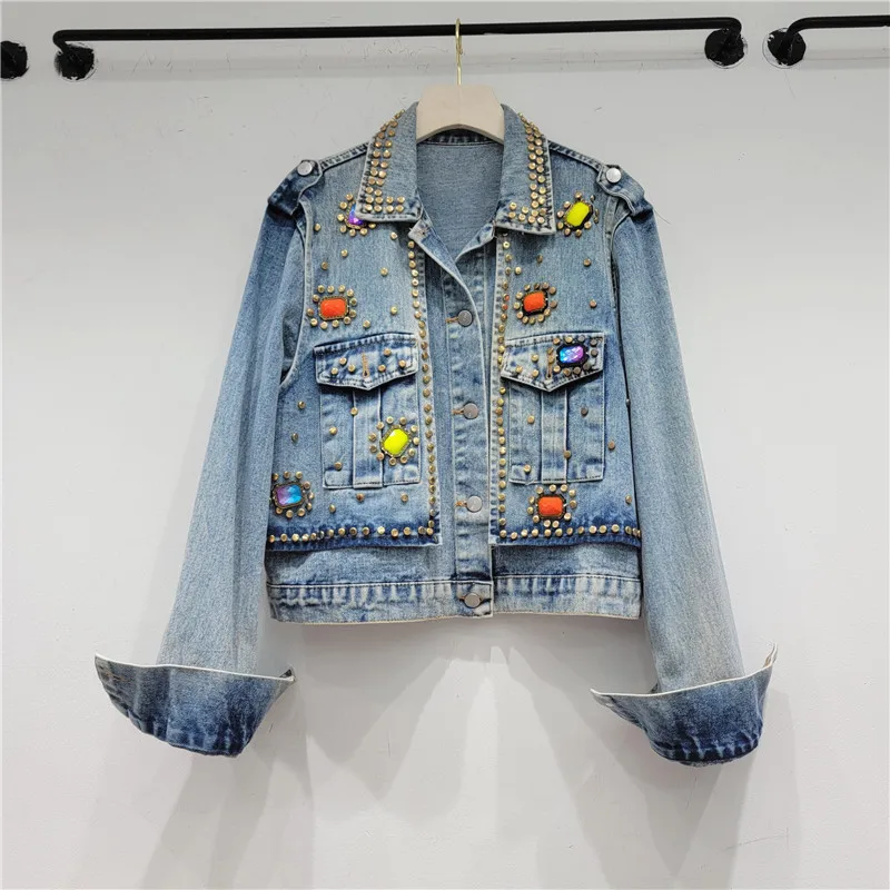 

Harajuku Vintage Blue Short Denim Coat Spring Women Fashion Rivet Beaded Diamond Streetwear Casual Long Sleeve Jeans Jacket Coat