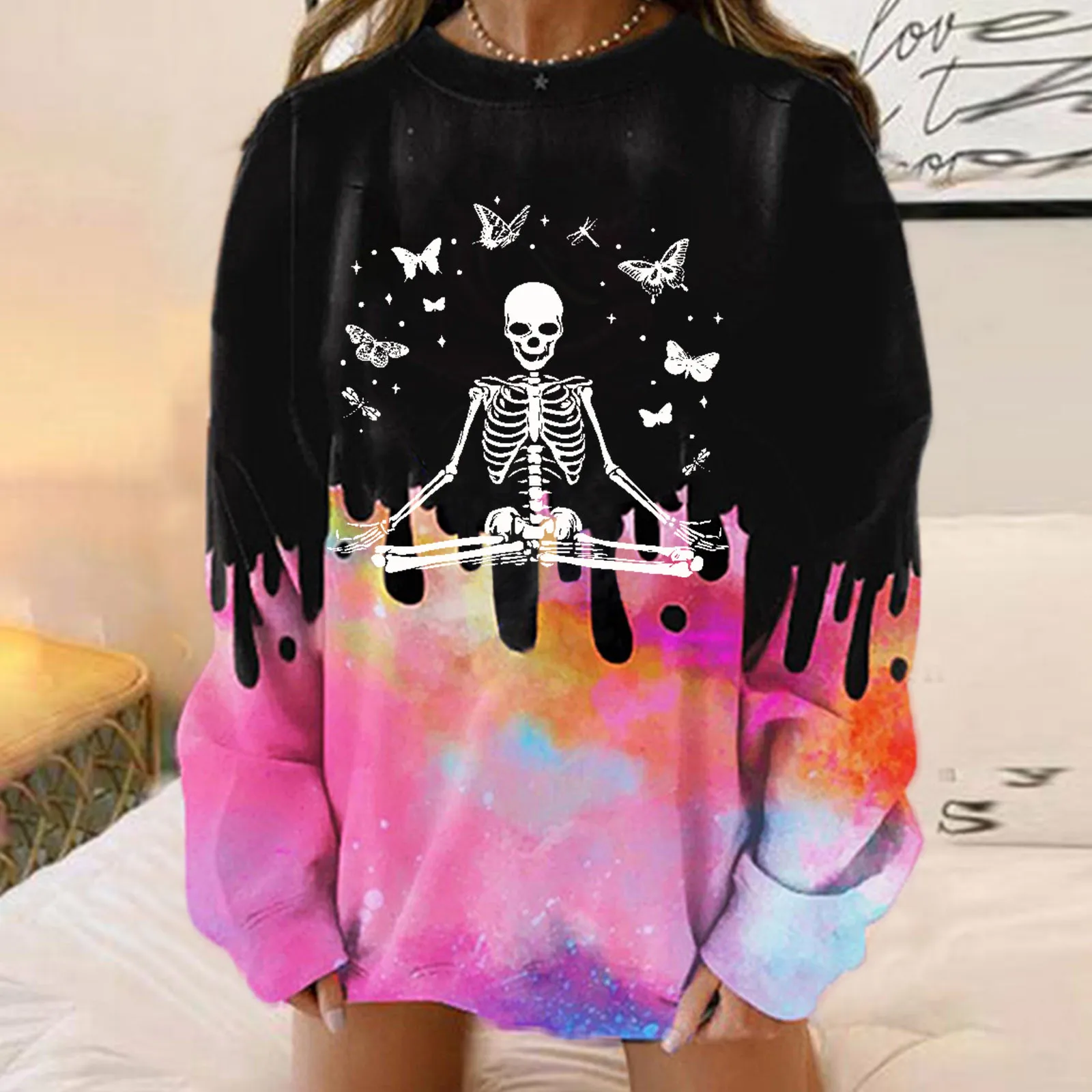 

Front Zipper Sweatshirt Women Loose Halloween Printed Top Ladies Round Tie-Dye Colorblock Sweatshirt Neck Women's 3 Quarter Zip