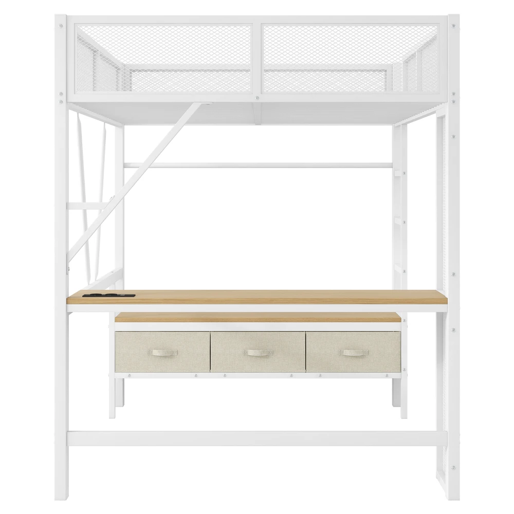 140 x 200 cm großes modernes Kinderzimmer-Metallbett, mit offenem Kleiderschrank und 3 Schubladen, Bett mit USB und LED-Licht, kontinuierliches Gittergeländer – Detail 27