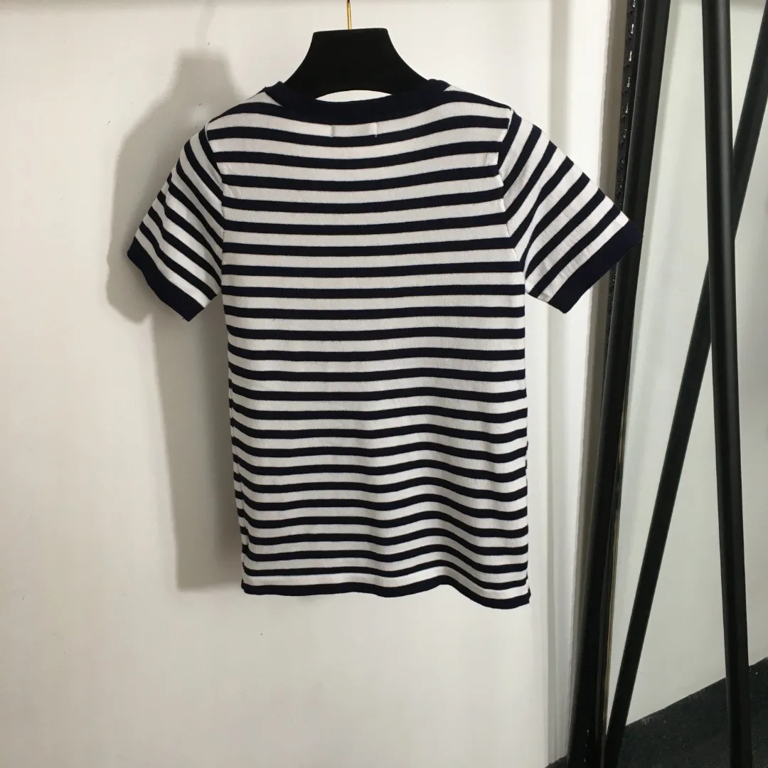 

Women Short T-shirt Fashion Female Knitted Summer Black White Striped T-shirt Logo Embroidery Summer Clothes Ladies Casual Tops