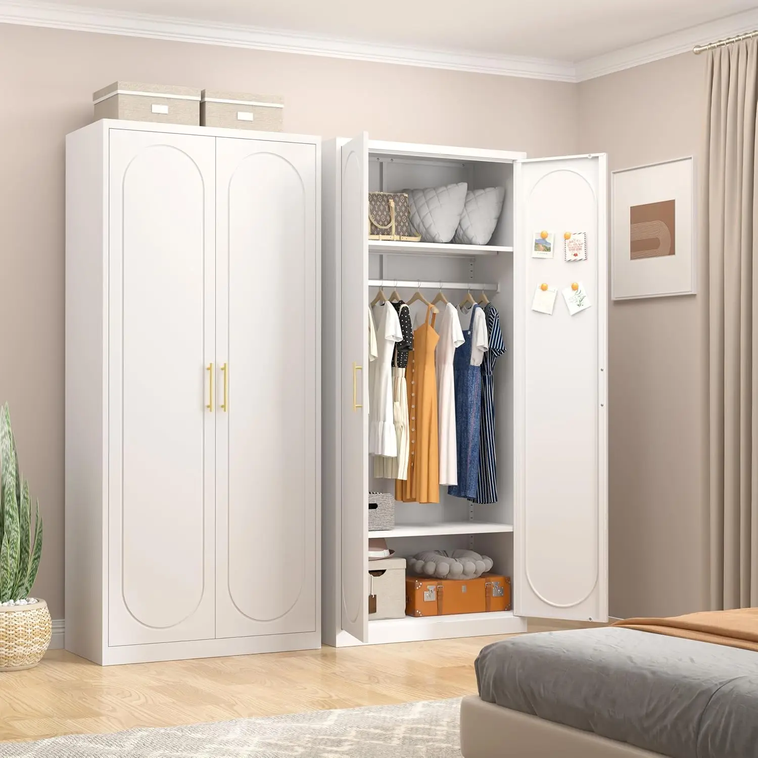Armoire Wardrobe Closet with Doors 71'' Wardrobe Cabinet with Hanging Rod Metal Closet with 2 Adjustable Shelves for Bedroom